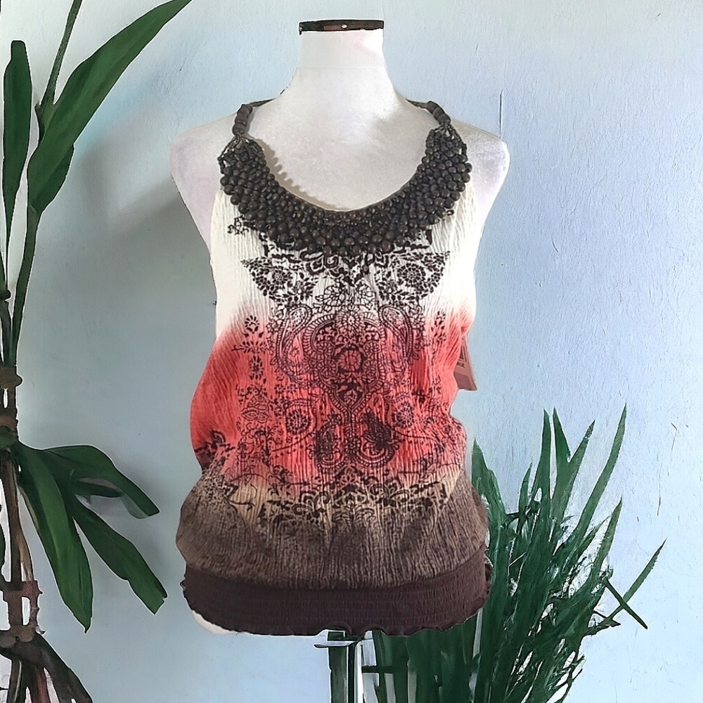 Almost Famous Women's Beaded Graphic Halter Top Size Large (NWT)